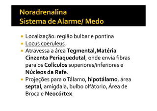 Localização: região bulbar e pontina
Locus coeruleus
Atravessa a área Tegmental,Matéria
Cinzenta Periaquedutal, onde envia fibrasCinzenta Periaquedutal, onde envia fibras
para os Colículos superiores/inferiores e
Núcleos da Rafe.
Projeções para oTálamo, hipotálamo, área
septal, amígdala, bulbo olfátorio, Área de
Broca e Neocórtex.
 