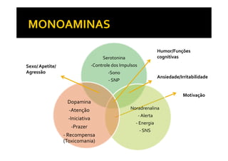 Serotonina
-Controle dos Impulsos
-Sono
- SNP
Humor/Funções
cognitivas
Ansiedade/Irritabilidade
Sexo/ Apetite/
Agressão
- SNP
Noradrenalina
- Alerta
- Energia
- SNS
Dopamina
-Atenção
-Iniciativa
-Prazer
- Recompensa
(Toxicomania)
Motivação
 