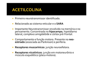 Primeiro neurotransmissor identificado.
Relacionado ao sistema reticular e o SARA
Importante Neurotransmissor envolvido na memória e no
pensamento. Concentrada no hipocampo, hipotálamo
lateral, complexo amigdalóide e córtex pré-frontal.
pensamento. Concentrada no hipocampo, hipotálamo
lateral, complexo amigdalóide e córtex pré-frontal.
Comportamento e função motora. Presente no neo-
estriado (associada ao Parkinson) e periferia.
Receptores muscarínicos: junção neuroefetora.
Receptores nicotínicos: junção em motoneurônio e
músculo esquelético (placa motora).
 
