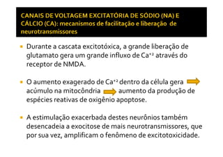 Durante a cascata excitotóxica, a grande liberação de
glutamato gera um grande influxo de Ca+2 através do
receptor de NMDA.
O aumento exagerado de Ca+2 dentro da célula geraO aumento exagerado de Ca+2 dentro da célula gera
acúmulo na mitocôndria aumento da produção de
espécies reativas de oxigênio apoptose.
A estimulação exacerbada destes neurônios também
desencadeia a exocitose de mais neurotransmissores, que
por sua vez, amplificam o fenômeno de excitotoxicidade.
 