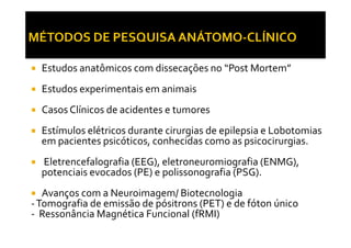 Estudos anatômicos com dissecações no “Post Mortem”
Estudos experimentais em animais
Casos Clínicos de acidentes e tumores
Estímulos elétricos durante cirurgias de epilepsia e LobotomiasEstímulos elétricos durante cirurgias de epilepsia e Lobotomias
em pacientes psicóticos, conhecidas como as psicocirurgias.
Eletrencefalografia (EEG), eletroneuromiografia (ENMG),
potenciais evocados (PE) e polissonografia (PSG).
Avanços com a Neuroimagem/ Biotecnologia
-Tomografia de emissão de pósitrons (PET) e de fóton único
- Ressonância Magnética Funcional (fRMI)
 