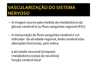 A imagem ocorre pela medida do metabolismo da
glicose cerebral e/ ou fluxo sanguíneo regional (FSC)
A mensuração do fluxo sanguíneo cerebral é umA mensuração do fluxo sanguíneo cerebral é um
indicador da atividade regional, lesão cerebral e/ou
alterações funcionais, pois indica:
- a atividade neuronal (sinapses)
- metabolismo (corpo do neurônio)
- função cerebral local
 