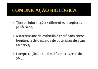 Tipo de Informação = diferentes receptores
periféricos;
A intensidade do estímulo é codificada comoA intensidade do estímulo é codificada como
freqüência de descarga de potenciais de ação
no nervo;
Interpretação do sinal = diferentes áreas do
SNC.
 