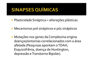 Plasticidade Sináptica = alterações plásticas
Mecanismos pré sinápticos e pós sinápticos
Mutações nos genes da Complexina origina
doenças/sintomas correlacionados com a área
afetada (Pesquisas apontam oTDAH,
Esquizofrênia, doença de Huntington,
depressão eTranstorno Bipolar).
 
