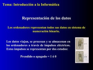 Los datos viajan, se procesan y se almacenan en
los ordenadores a través de impulsos eléctricos.
Estos impulsos se representan por dos estados:
Prendido o apagado = 1 ó 0
Representación de los datos
Los ordenadores representan todos sus datos en sistema de
numeración binario.
Tema: Introducción a la Informática
 