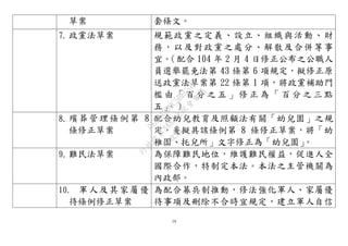 19
草案 套條文。
7. 政黨法草案 規範政黨之定義、設立、組織與活動、財
務，以及對政黨之處分、解散及合併等事
宜。（配合 104 年 2 月 4 日修正公布之公職人
員選舉罷免法第 43 條第 6 項規定，擬修正原
送政黨法草案第 22 條第 1 項，將政黨補助門
檻 由 「 百 分 之 五 」 修 正 為 「 百 分 之 三 點
五」。）
8. 殯葬管理條例第 8
條修正草案
配合幼兒教育及照顧法有關「幼兒園」之規
定，爰擬具該條例第 8 條修正草案，將「幼
稚園、托兒所」文字修正為「幼兒園」。
9. 難民法草案 為保障難民地位，維護難民權益，促進人全
國際合作，特制定本法。本法之主管機關為
內政部。
10. 軍人及其家屬優
待條例修正草案
為配合募兵制推動，修法強化軍人、家屬優
待事項及刪除不合時宜規定，建立軍人自信
行
政
院
行
政
院
第
3483次
院
會
會
議
0E86A9D9C5BEC7D6
 