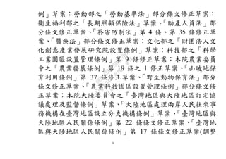 9
例」草案；勞動部之「勞動基準法」部分條文修正草案；
衛生福利部之「長期照顧保險法」草案、「助產人員法」部
分條文修正草案、「菸害防制法」第 4 條、第 35 條修正草
案、「醫療法」部分條文修正草案；文化部之「財團法人文
化創意產業發展研究院設置條例」草案；科技部之「科學
工業園區設置管理條例」第 9 條修正草案；本院農業委員
會之「農業發展條例」第 18 條之 1 修正草案、「山坡地保
育利用條例」第 37 條修正草案、「野生動物保育法」部分
條文修正草案、「農業科技園區設置管理條例」部分條文修
正草案；本院大陸委員會之「臺灣地區與大陸地區訂定協
議處理及監督條例」草案、「大陸地區處理兩岸人民往來事
務機構在臺灣地區設立分支機構條例」草案、「臺灣地區與
大陸地區人民關係條例」第 22 條條文修正草案、「臺灣地
區與大陸地區人民關係條例」第 17 條條文修正草案(調整
行
政
院
行
政
院
第
3483次
院
會
會
議
0E86A9D9C5BEC7D6
 