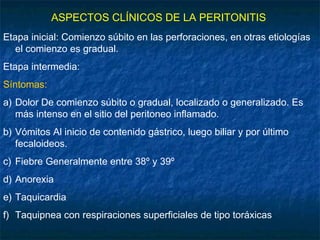 ASPECTOS CLÍNICOS DE LA PERITONITIS
Etapa inicial: Comienzo súbito en las perforaciones, en otras etiologías
el comienzo es gradual.
Etapa intermedia:
Síntomas:
a) Dolor De comienzo súbito o gradual, localizado o generalizado. Es
más intenso en el sitio del peritoneo inflamado.
b) Vómitos Al inicio de contenido gástrico, luego biliar y por último
fecaloideos.
c) Fiebre Generalmente entre 38º y 39º
d) Anorexia
e) Taquicardia
f) Taquipnea con respiraciones superficiales de tipo toráxicas
 