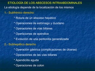 ETIOLOGÍA DE LOS ABSCESOS INTRAABDOMINALES
La etiología depende de la localización de los mismos
1.- Subfrénico derecho:
* Rotura de un absceso hepático
* Operaciones de estómago y duodeno
* Operaciones de vías biliares
* Operaciones de apéndice
* Evolución de una peritonitis generalizada
2.- Subhepático derecho
* Operación gástrica (complicaciones de úlceras)
* Operaciones de las vías biliares
* Apendicitis aguda
* Operaciones de colon
 