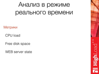 Метрики
CPU load
Free disk space
WEB server state
Анализ в режиме
реального времени
 
