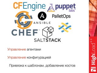 Управление агентами
Управление конфигурацией
Привязка к шаблонам, добавление хостов
 
