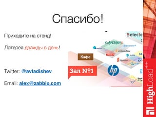 Спасибо!
Приходите на стенд!
Лотерея дважды в день!
Twitter: @avladishev
Email: alex@zabbix.com
 