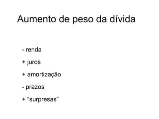 Aumento de peso da dívida
- renda
+ juros
+ amortização
- prazos
+ “surpresas”
 
