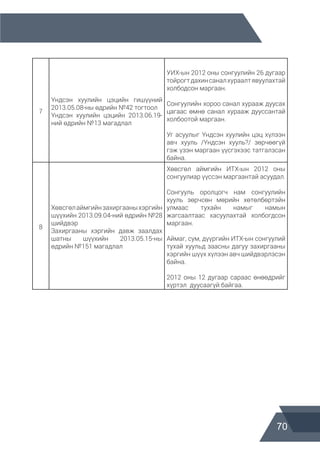 70
7
Үндсэн хуулийн цэцийн гишүүний
2013.05.08-ны өдрийн №42 тогтоол
Үндсэн хуулийн цэцийн 2013.06.19-
ний өдрийн №13 магадлал
УИХ-ын 2012 оны сонгуулийн 26 дугаар
тойрогтдахинсаналхураалтявуулахтай
холбодсон маргаан.
Сонгуулийн хороо санал хурааж дуусах
цагаас өмнө санал хурааж дууссантай
холбоотой маргаан.
Уг асуулыг Үндсэн хуулийн цэц хүлээн
авч хууль /Үндсэн хууль?/ зөрчөөгүй
гэж үзэн маргаан үүсгэхээс татгалзсан
байна.
8
Хөвсгөлаймгийнзахиргааныхэргийн
шүүхийн 2013.09.04-ний өдрийн №28
шийдвэр
Захиргааны хэргийн давж заалдах
шатны шүүхийн 2013.05.15-ны
өдрийн №151 магадлал
Хөвсгөл аймгийн ИТХ-ын 2012 оны
сонгуулиар үүссэн маргаантай асуудал.
Сонгууль оролцогч нам сонгуулийн
хууль зөрчсөн мөрийн хөтөлбөртэйн
улмаас тухайн намыг намын
жагсаалтаас хасуулахтай холбогдсон
маргаан.
Аймаг, сум, дүүргийн ИТХ-ын сонгуулий
тухай хуульд заасны дагуу захиргааны
хэргийн шүүх хүлээн авч шийдвэрлэсэн
байна.
2012 оны 12 дугаар сараас өнөөдрийг
хүртэл дуусаагүй байгаа.
 
