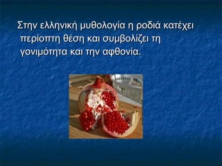    Στην ελληνική μυθολογία η ροδιά κατέχειΣτην ελληνική μυθολογία η ροδιά κατέχει
περίοπτη θέση και συμβολίζει τηπερίοπτη θέση και συμβολίζει τη
γονιμότητα και την αφθονία.γονιμότητα και την αφθονία.
 