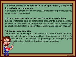 1.5 Poner énfasis en el desarrollo de competencias y el logro de
los estándares curriculares.
Competencia. Estándares curriculares. Aprendizajes esperados: saber,
saber hacer, saber convivir.
1.6 Usar materiales educativos para favorecer el aprendizaje
Emplea materiales para el aprendizaje permanente planes de clase,
plataformas educativas, etc. Empleando materiales para el aprendizaje
con archivos, biblioteca e informáticos. Dirigido a docentes y alumnos.
1.7 Evaluar para aprender
El maestro es el encargado de evaluar los conocimientos del niño,
crear espacios de aprendizaje y modificar elementos de su práctica. Es
parte constitutiva de la enseñanza-aprendizaje. Su enfoque sugiere
obtener evidencias y brindar retroalimentación de lo visto.
 
