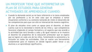 UN PROFESOR TIENE QUE INTERPRETAR UN
PLAN DE ESTUDIOS PARA GENERAR
ACTIVIDADES DE APRENDIZAJE CUANDO:
 Cuando la demanda social ya no hace referencia a la tarea empleadas
por los profesores y es en este caso que se empieza a tomar
situaciones conforme a su contexto tomando de visión el desarrollo de
las competencias para que con ello se interactué de manera cognitiva.
 El plan de estudios sirve como un apoyo para el docente, al darse
cuenta cual es la necesidad o interés de los niños y que competencia
favorecer eligiendo el campo formativo y el aspecto que sea acorde a
la actividad que será llevada a cabo y de igual manera se le muestra
al docente los propósitos de la educación preescolar que se espera
que se logren en cada uno de los niños, fomentando la autonomía y la
inclusión en todas las actividades. Este se vuelve una herramienta
fundamental para el maestro en donde logrará poder llevar a sus
alumnos a un aprendizaje significativo.
 