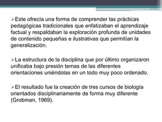 Este ofrecía una forma de comprender las prácticas
pedagógicas tradicionales que enfatizaban el aprendizaje
factual y respaldaban la exploración profunda de unidades
de contenido pequeñas e ilustrativas que permitían la
generalización.
La estructura de la disciplina que por último organizaron
unificaba bajo presión temas de las diferentes
orientaciones uniéndolas en un todo muy poco ordenado.
El resultado fue la creación de tres cursos de biología
orientados disciplinariamente de forma muy diferente
(Grobman, 1969).
 