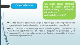 Competencia
“un saber actuar complejo
que se apoya sobre la
movilización y la utilización
eficaz de una
variedad de recursos”
 La idea de saber actuar hace surgir la noción que cada competencia está
esencialmente ligada a la acción y le otorga un carácter más global.
 Una competencia no constituye una forma de algoritmo memorizado y
practicado repetidamente en vista a asegurar la perennidad y la
reproducción, sino un saber actuar muy flexible y adaptable a diversos
contextos y problemáticas.
 