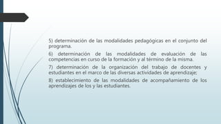 5) determinación de las modalidades pedagógicas en el conjunto del
programa.
6) determinación de las modalidades de evaluación de las
competencias en curso de la formación y al término de la misma.
7) determinación de la organización del trabajo de docentes y
estudiantes en el marco de las diversas actividades de aprendizaje;
8) establecimiento de las modalidades de acompañamiento de los
aprendizajes de los y las estudiantes.
 