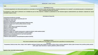 MODALIDAD: Unidad Temática
Tema: LAS PLANTAS
Actividades de inicio:
Se iniciará preguntando a los niños qué tan grande es su comunidad, con qué servicios cuenta, que tipo de plantas y animales predominan en su contexto?, y se solicitará que guíen a la educadora para
hacer un pequeño recorrido para conocerla.
Se proyectará un video sobre la primavera con la finalidad de que los niños observen y mediante la presentación se irán haciendo algunos cuestionamientos que motivarán e desarrollo de nuevas
actividades respecto al tema.
Actividades de Desarrollo:
Conozcamos las partes de una planta
Investiguemos lo que necesitan las plantas para vivir
Las plantas son seres vivos
Realicemos un germinador
Registremos el desarrollo de nuestro germinador (libreta de notas)
Elaboremos macetas para nuestras plantas (tutorial reciclaje)
Leamos un cuento
Veamos un video sobre el crecimiento de las plantas
Hagamos nuestro propio jardín
Sembremos un huerto
Hagamos un día de campo
Elaboremos carteles con nuestras mamás para el cuidado de plantas y medio ambiente (taller)
Hagamos un desfile por nuestra comunidad con nuestros carteles
Presentación en la escuela primaria de lo que hemos aprendido
Bailemos al ritmo de primavera
Cuidemos nuestra plantita en casa (participación padres de familia)
Actividades de Cierre:
Para cerrar la actividad se hará un desfile por la comunidad y una exposición de lo aprendido en la escuela primaria.
Recursos:
Computadora, libreta de notas, libros, videos, vasos, algodón, semillas de Frijoles, agua, botellas de refresco, pintura, foamy, cartulina, pegamento, tijeras, rejas de tomate, tierra, semillas, plantas, pala de
jardín, papel crepé, marcadores, crayolas, grabadora, palitos de madera.
Espacios: Aula, comunidad, terreno del jardín.
 