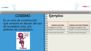 COSISMO
Es un vicio de construcción
que consiste en abusar del uso
de la palabra cosa, por
pobreza de vocabulario.
Ejemplos:
FORMAS CON COSA FORMAS CON OTRO TÉRMINO
La religión es cosa tuya. La religión es problema tuyo.
Trabaja en la cosa educativa. Trabaja en asuntos de educación.
La cosa es que tiene que ir. El asunto es que tienes que ir.
 