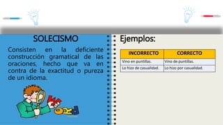 SOLECISMO
Consisten en la deficiente
construcción gramatical de las
oraciones, hecho que va en
contra de la exactitud o pureza
de un idioma.
Ejemplos:
INCORRECTO CORRECTO
Vino en puntillas. Vino de puntillas.
Lo hizo de casualidad. Lo hizo por casualidad.
 