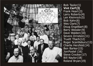 Bob Taylor(1)
Vint Cerf (2)
Frank Heart (3)
Larry Roberts (4)
Len Kleinrock(5)
Bob Kahn(6)
Wes Clark(7)
Doug Engelbart (8)
Barry Wessler (9)
Dave Walden(10)
Severo Ornstein (11)
Truett Thach(12)
Roger Scantlebury(13)
Charlie Herzfeld (14)
Ben Barker(15)
JonPostel (16)
Steve Crocker(17)
Bill Naylor(18)
Roland Bryan(19)
 