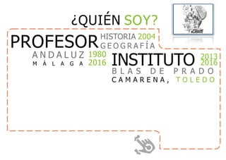 A N D A L U Z 1980
2016M Á L A G A
¿QUIÉN SOY?
PROFESORHISTORIA 2004
G E O G R A F Í A
INSTITUTO 2013
2016
B L A S D E P R A D O
C A M A R E N A , T O L E D O
 