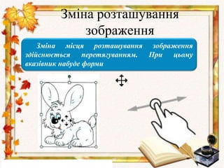Зміна розташування
зображення
Зміна місця розташування зображення
здійснюється перетягуванням. При цьому
вказівник набуде форми
 