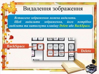 Видалення зображення
Вставлене зображення можна видалити.
Щоб видалити зображення, його потрібно
виділити та натиснути клавішу Delete або BackSpace.
BackSpace
Delete
 