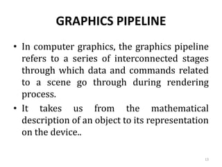 GRAPHICS PIPELINE
• In computer graphics, the graphics pipeline
refers to a series of interconnected stages
through which data and commands related
to a scene go through during rendering
process.
• It takes us from the mathematical
description of an object to its representation
on the device..
13
 