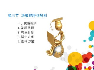 第三 决策程序与节 规则
一、决策程序
1. 发现问题
2. 立目确 标
3. 定方案拟
4. 方案选择
 