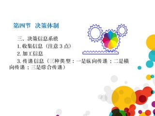 第四 决策体制节
三、决策信息系统
1. 收集信息（注意 3 点）
2. 加工信息
3. 信息（三 型：一是 向 ；二是横传递 种类 纵 传递
向 ；三是 合 ）传递 综 传递
 