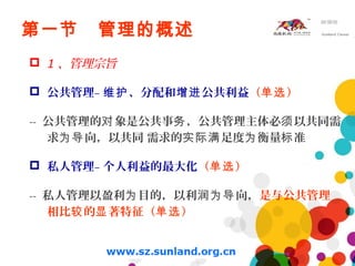 第一节 管理的概述
 1 、管理宗旨
 公共管理– 、分配和 公共利益维护 增进 （ ）单选
-- 公共管理的 象是公共事 ，公共管理主体必 以共同需对 务 须
求 向，以共同 需求的 足度 衡量 准为导 实际满 为 标
 私人管理– 个人利益的最大化（ ）单选
-- 私人管理以盈利 目的，以利 向，为 润为导 是与公共管理
相比 的 著特征（ ）较 显 单选
 
