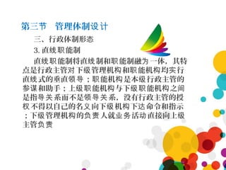 第三 管理体制节 设计
三、行政体制形态
3. 直 能制线职
直 能制将直 制和 能制融 一体，其特线职 线 职 为
点是行政主管 下 管理机 和 能机 均 行对 级 构 职 构 实
直 式的垂直 ； 能机 是本 行政主管的线 领导 职 构 级
参 和助手；上 能机 与下 能机 之谋 级职 构 级职 构 间
是指 系而不是 系，没有行政主管的授导关 领导关
不得以自己的名 向下 机 下 命令和指示权 义 级 构 达
；下 管理机 的 人就 活 直接向上级 构 负责 业务 动 级
主管负责
 