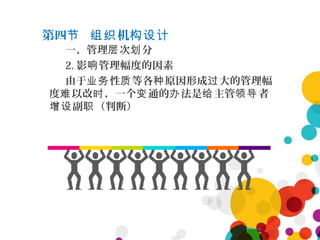 第四 机节 组织 构设计
一、管理 次 分层 划
2. 影 管理幅度的因素响
由于 性 等各 原因形成 大的管理幅业务 质 种 过
度 以改 ，一个 通的 法是 主管 者难 时 变 办 给 领导
副 （判断）增设 职
 