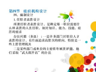 第四 机节 组织 构设计
四、 制编 设计
1. 任 者素职 质设计
所 任 者素 ，是 定 一 位需要什谓 职 质设计 确 每 职
素 的人 任 ，如 知 、能力、技能、么样 质 员 职 对 识 经
的要求历
存在 （多 ）：一是 多部 位人才问题 选 许 门对职
素 的 ，有片面追求高 次的 向，特 是一质 设计 层 倾 别
些上 管理机层 关
二是某些部 或 位的主要 嫉 能，他门 单 领导 贤妒
采取“武大郎 店”的 法们 开 办
 