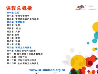 课程总概括
第一编 总论
第一章 管理与管理学
第二章 管理思想的产生与发展
第二编 管理职能
第三章 决策
第四章 组织
第五章 人事
第六章 领导
第七章 激励
第八章 协调
第九章 控制
第三编 管理方法与技术
第十章 系统分析与网络技术
第十一章 目标管理与全面质量管理
第十二章 决策方法
第十三章 控制的方法与技术
第十四章 社会调查方法与技术
 