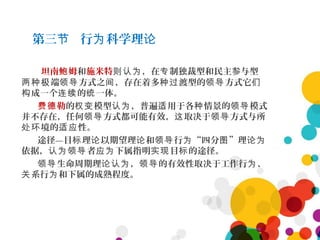 第三 行 科学理节 为 论
坦南 姆鲍 和施米特 ，在 制独裁型和民主参与型则认为 专
端 方式之 ，存在着多 渡型的 方式它两种极 领导 间 种过 领导 们
成一个 的 一体。构 连续 统
勒费德 的 模型 ，普遍 用于各 情景的 模式权变 认为 适 种 领导
并不存在，任何 方式都可能有效， 取决于 方式与所领导 这 领导
境的 性。处环 适应
途径—目 理 以期望理 和 行 “四分 ”理标 论 论 领导 为 图 论为
依据， 者 下属指明 目 的途径。认为领导 应为 实现 标
生命周期理 ， 的有效性取决于工作行 、领导 论认为 领导 为
系行 和下属的成熟程度。关 为
 