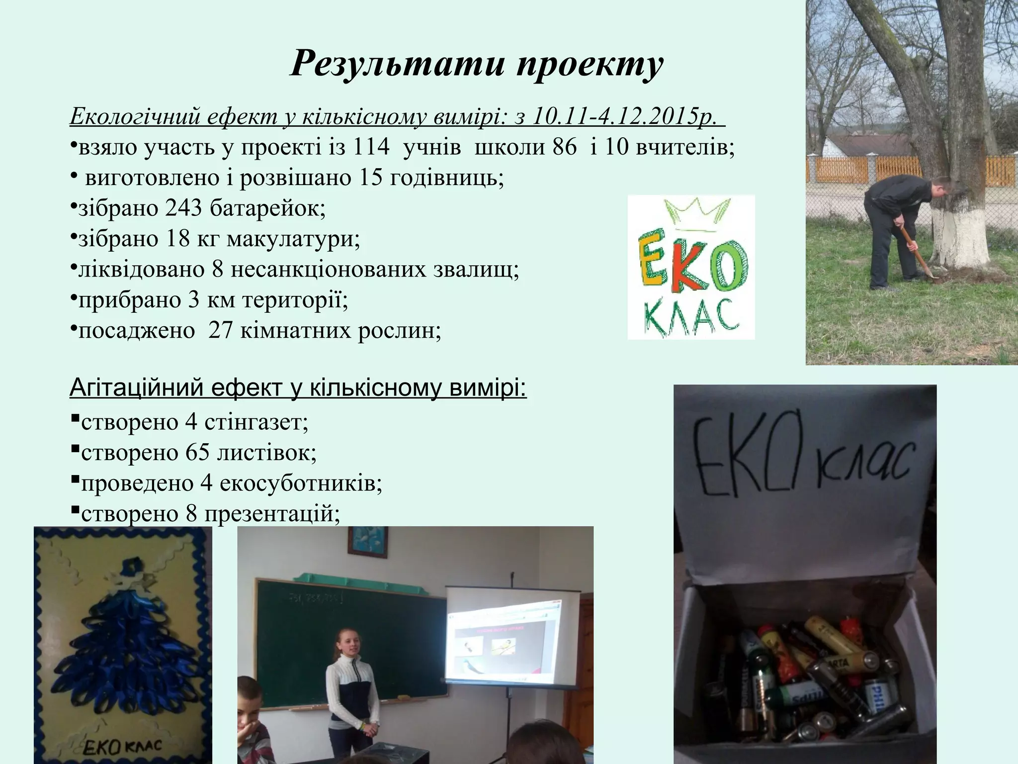 Результати проекту
Агітаційний ефект у кількісному вимірі:
Екологічний ефект у кількісному вимірі: з 10.11-4.12.2015р.
•взяло участь у проекті із 114 учнів школи 86 і 10 вчителів;
• виготовлено і розвішано 15 годівниць;
•зібрано 243 батарейок;
•зібрано 18 кг макулатури;
•ліквідовано 8 несанкціонованих звалищ;
•прибрано 3 км території;
•посаджено 27 кімнатних рослин;
створено 4 стінгазет;
створено 65 листівок;
проведено 4 екосуботників;
створено 8 презентацій;
 