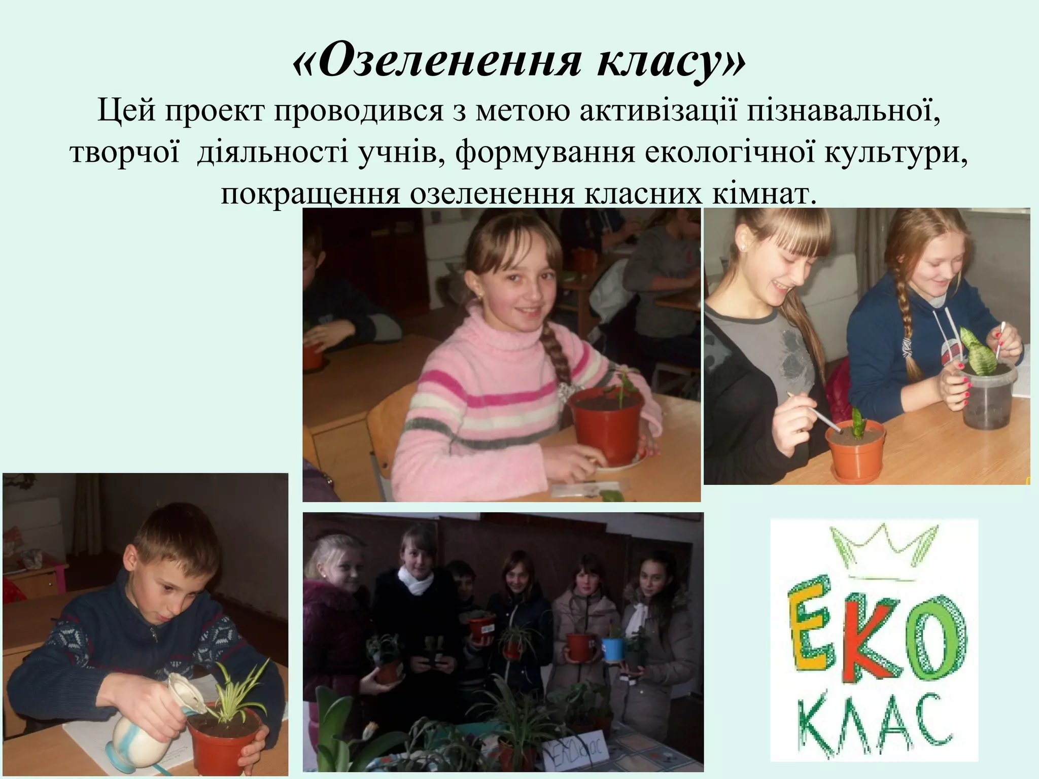 «Озеленення класу»
Цей проект проводився з метою активізації пізнавальної,
творчої діяльності учнів, формування екологічної культури,
покращення озеленення класних кімнат.
 