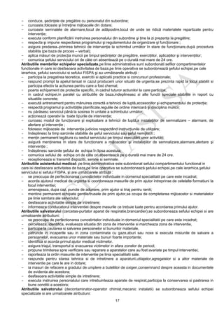 17
- conduce, şedinţele de pregătire cu personalul din subordine;
- cunoaste,folosste şi întreţine mijloacele din dotare;
- cunoaste semnalele de alarmare,locul de adăpostire,locul de unde se ridică materialele repartizate pentru
intervenţie;
- executa conform planificării instruirea personalului din subordine şi ţine la zi prezenţa la pregătire;
- respecta şi impune respectarea programului şi regulamentului de organizare şi funcţionare ;
- asigura predarea–primirea tehnicii de intervenţie la schimbul următor în stare de funcţionare,după procedura
stabilita (pe baza de proces – verbal);
- aplica măsuri de protecţia muncii pe timpul şedinţelor de pregătire, exerciţiilor, aplicaţiilor şi intervenţiilor;
- comunica şefului serviciului ori de câte ori absentează pe o durată mai mare de 24 ore.
Atributiile membrilor echipelor specializate,pe linie administrativa sunt subordonati sefilor compartimentelor
functionale in care isi desfasoara activitatea de baza,pe linie operativa se subordonează şefului echipei,pe cale
ierarhica, şefului serviciului si sefului FISPA şi au următoarele atribuţii :
- participa la pregatirea teoretica, exercitii si aplicatii practice si concursuri profesionale;
- raspund prompt la apelul lansat in cazul producerii unor situatii de urgenta,se prezinta rapid la locul stabilit si
participa efectiv la actiunea pentru care a fost chemat;
- poarta echipament de protectie specific, in cadrul tuturor actiunilor la care participa;
- in cadrul echipei,in paralel cu atributiile de baza,indeplineasc si alte functii speciale stabilite in raport cu
situatiile concrete;
- execută antrenament pentru mânuirea corectă a tehnicii de luptă,accesoriilor şi echipamentului de protecţie;
- respectă programul şi activităţile planificate,regulile de ordine interioară şi disciplina muncii;
- nu părăsesc serviciul până la sosirea în unitate a schimbului următor;
- acţionează operativ la toate tipurile de intervenţie;
- cunoasc modul de funcţionare şi exploatare a tehnicii de luptă,a instalaţiilor de semnalizare – alarmare, de
alertare şi intervenţie ;
- folosesc mijloacele de intervenţie judicios respectând instrucţiunile de utilizare;
- îndeplinesc la timp sarcinile stabilite de şeful serviciului sau şeful nemijlocit ;
- menţin permanent legătura cu sediul serviciului pe timpul executării unor activităţi;
- asigură menţinerea în stare de funcţionare a mijloacelor şi instalaţiilor de semnalizare,alarmare,alertare şi
intervenţie ;
- îndeplinesc sarcinile şefului de echipa în lipsa acestuia;
- comunica sefului de echipa ori de câte ori absentează pe o durată mai mare de 24 ore.
- receptioneaza si transmit dispozitii, semne si semnale.
Atributiile asistentului medical- pe linie administrativa este subordonat sefului compartimentului functional in
care isi desfasoara activitatea de baza,pe linie operativa se subordonează şefului echipei,pe cale ierarhica,şefului
serviciului si sefului FISPA, şi are următoarele atribuţii :
- se preocupa de perfectionarea cunostintelor individuale in domeniul specialitatii pe care este incadrat;
- acorda ajutorul medical de urgenta si coordoneaza masurile de prim ajutor intreprinse de celelalte formatiuni la
locul interventiei;
- amenajeaza, dupa caz, puncte de adunare, prim ajutor si triaj pentru raniti;
- mentine permanent echipate gentile/trusele de prim ajutor,se ocupa de completarea mijloacelor si materialelor
pe linie sanitara ale serviciului;
- desfasoara activitatile simple de intretinere;
- informeaza conducatorul interventiei despre masurile ce trebuie luate pentru acordarea primului ajutor.
Atributiile salvatorului (cercetas-purtator aparat de respiratie,brancardier),se subordoneaza sefului echipei si are
urmatoarele atributiuni:
- se preocupa de perfectionarea cunostintelor individuale in domeniul specialitatii pe care este incadrat;
- cerceteaza, identifica, evalueaza situatia din zona de interventie si marcheaza zona de interventie,
- participa la cautarea si salvarea persoanelor si bunurilor materiale,
- patrunde in incaperile sau in zona contaminata cu gaze,aburi sau noxe si executa misiunile de salvare a
persoanelor, evacuarea unor materiale sau bunuri foarte importante;
- identifica si acorda primul ajutor medical victimelor.
- asigura triajul, transportul si evacuarea victimelor in afara zonelor de pericol;
- propune trimiterea spre verificare sau reparare a aparatelor care au fost avariate pe timpul interventiei;
- raporteaza la ordin masurile de interventie pe linia specialitatii sale.
- raspunde pentru starea tehnica si de intretinere a aparaturii,utilajelor,agregatelor si a altor materiale de
interventie pe care le are in dotare;
- ia masuri de refacere a gradului de umplere a buteliilor de oxigen,consemnand despre aceasta in documentele
de evidenta ale acestora;
- desfasoara activitatile simple de intretinere;
- executa instruirea personalului care intrebuinteaza aparate de respirat,participa la conservarea si pastrarea in
bune conditii a acestora;
Atributiile salvatorului (decontaminator-operator chimist,mecanic instalatii) se subordoneaza sefului echipei
specializate si are urmatoarele atributiuni:
 