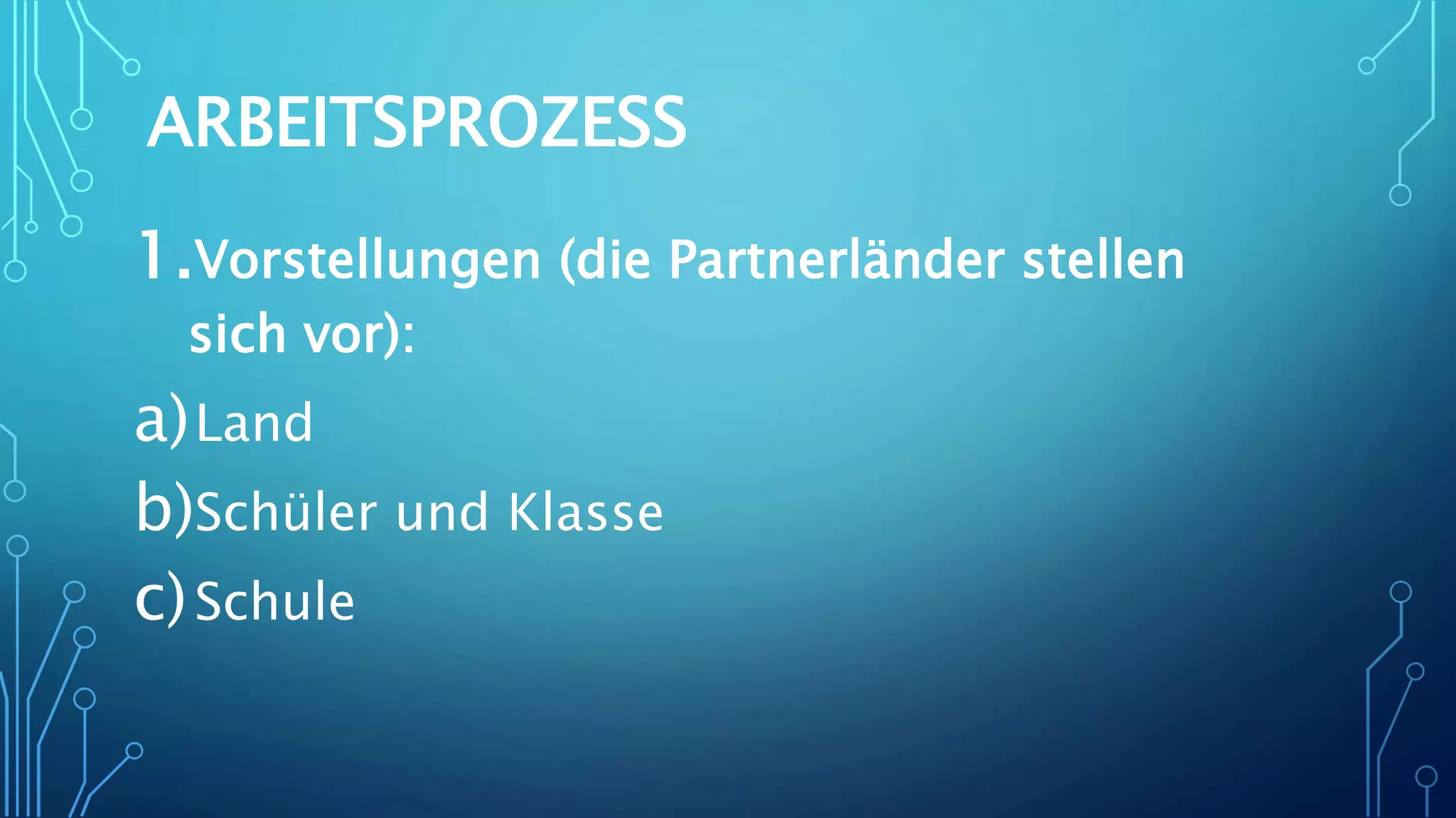 ARBEITSPROZESS
1.Vorstellungen (die Partnerländer stellen
sich vor):
a)Land
b)Schüler und Klasse
c)Schule
 