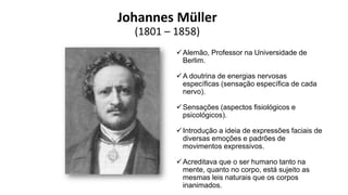 Johannes Müller
(1801 – 1858)
Alemão, Professor na Universidade de
Berlim.
A doutrina de energias nervosas
específicas (sensação específica de cada
nervo).
Sensações (aspectos fisiológicos e
psicológicos).
Introdução a ideia de expressões faciais de
diversas emoções e padrões de
movimentos expressivos.
Acreditava que o ser humano tanto na
mente, quanto no corpo, está sujeito as
mesmas leis naturais que os corpos
inanimados.
 