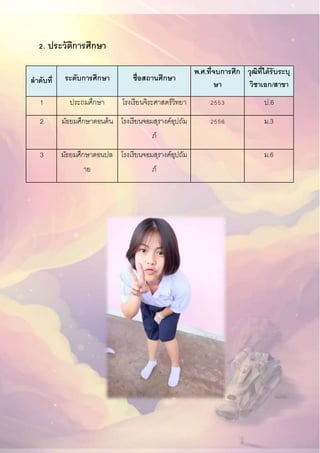 2. ประวัติการศึกษา
ลาดับที่ ระดับการศึกษา ชื่อสถานศึกษา
พ.ศ.ที่จบการศึก
ษา
วุฒิที่ได้รับระบุ
วิชาเอก/สาขา
1 ประถมศึกษา โรงเรียนจิระศาสตร์วิทยา 2553 ป.6
2 มัธยมศึกษาตอนต้น โรงเรียนจอมสุรางค์อุปถัม
ภ์
2556 ม.3
3 มัธยมศึกษาตอนปล
าย
โรงเรียนจอมสุรางค์อุปถัม
ภ์
ม.6
 