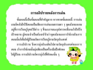 การอภิปรายหลังการเล่น
ขั้นตอนนี้เป็นขั้นตอนที่สาคัญมาก หากขาดขั้นตอนนี้ การเล่น
เกมก็คงไม่ใช่วิธีสอนเป็นเพียงการเล่นเกมธรรมดา ๆ จุดเน้นของเกม
อยู่ที่การเรียนรู้ยุทธวิธีต่าง ๆ ที่จะเอาชนะอุปสรรคเพื่อจะไปให้ถึง
เป้ าหมาย ผู้สอนจาเป็นต้องเข้าใจว่าจุดเน้นของการใช้เกมในการ
สอนนั้นก็เพื่อให้ผู้เรียนเกิดการเรียนรู้ตามวัตถุประสงค์
การอภิปราย จึงควรมุ่งประเด็นไปตามวัตถุประสงค์ของการ
สอน ถ้าการใช้เกมนั้นมุ่งเพียงเป็นเครื่องมือฝึกทักษะ
ให้ผู้เรียน การอภิปรายก็ควรมุ่งไปที่ทักษะนั้น ๆ
 