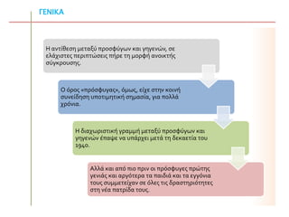 ΓΕΝΙΚΑ
Η αντίθεση μεταξύ προσφύγων και γηγενών, σε
ελάχιστες περιπτώσεις πήρε τη μορφή ανοικτής
σύγκρουσης.
Ο όρος «πρόσφυγας», όμως, είχε στην κοινή
συνείδηση υποτιμητική σημασία, για πολλά
χρόνια.
Η διαχωριστική γραμμή μεταξύ προσφύγων και
γηγενών έπαψε να υπάρχει μετά τη δεκαετία του
1940.
Αλλά και από πιο πριν οι πρόσφυγες πρώτης
γενιάς και αργότερα τα παιδιά και τα εγγόνια
τους συμμετείχαν σε όλες τις δραστηριότητες
στη νέα πατρίδα τους.
 