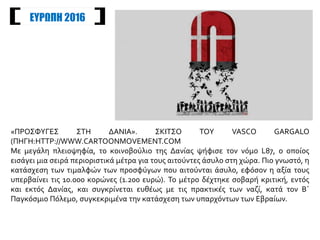 ΕΥΡΩΠΗ 2016
«ΠΡΟΣΦΥΓΕΣ ΣΤΗ ΔΑΝΙΑ». ΣΚΙΤΣΟ ΤΟΥ VASCO GARGALO
(ΠΗΓΗ:HTTP://WWW.CARTOONMOVEMENT.COM
Mε μεγάλη πλειοψηφία, το κοινοβούλιο της Δανίας ψήφισε τον νόμο L87, ο οποίος
εισάγει μια σειρά περιοριστικά μέτρα για τους αιτούντες άσυλο στη χώρα. Πιο γνωστό, η
κατάσχεση των τιμαλφών των προσφύγων που αιτούνται άσυλο, εφόσον η αξία τους
υπερβαίνει τις 10.000 κορώνες (1.200 ευρώ). Το μέτρο δέχτηκε σοβαρή κριτική, εντός
και εκτός Δανίας, και συγκρίνεται ευθέως με τις πρακτικές των ναζί, κατά τον Β΄
Παγκόσμιο Πόλεμο, συγκεκριμένα την κατάσχεση των υπαρχόντων των Εβραίων.
 