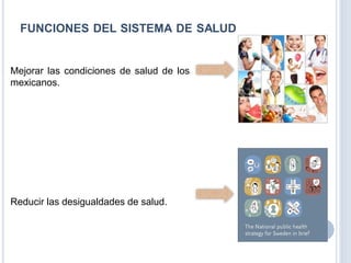 FUNCIONES DEL SISTEMA DE SALUD
Mejorar las condiciones de salud de los
mexicanos.
Reducir las desigualdades de salud.
 